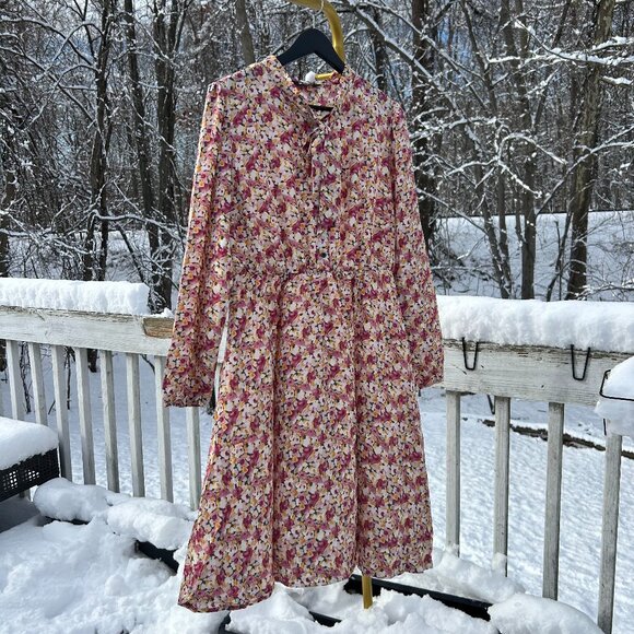 Allegra K women's Long sleeves Spring/ summer floral dress with tie neck size L - Picture 1 of 5